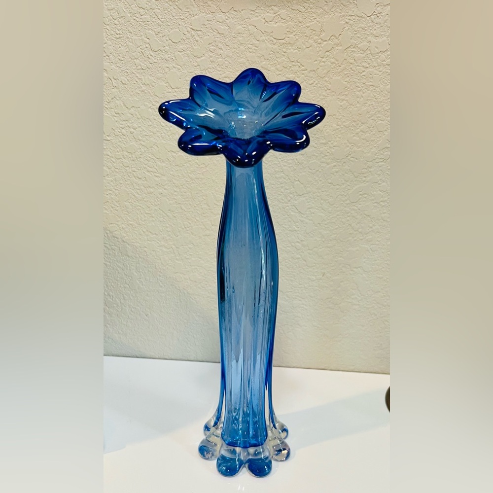 Vintage blue & clear swung vase with unique top, Murano?
